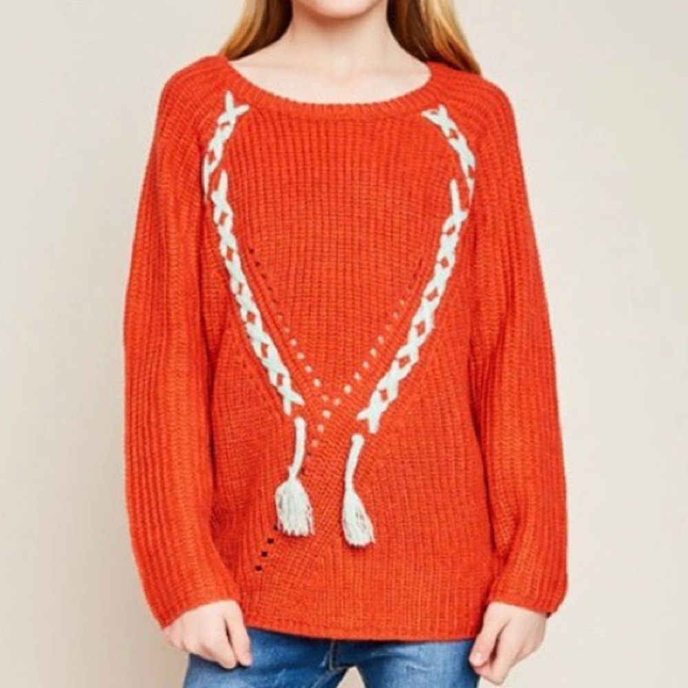 Hayden LA Lace up Braid Tassel Sweater Rust orange kids sweater - Picture 2 of 9